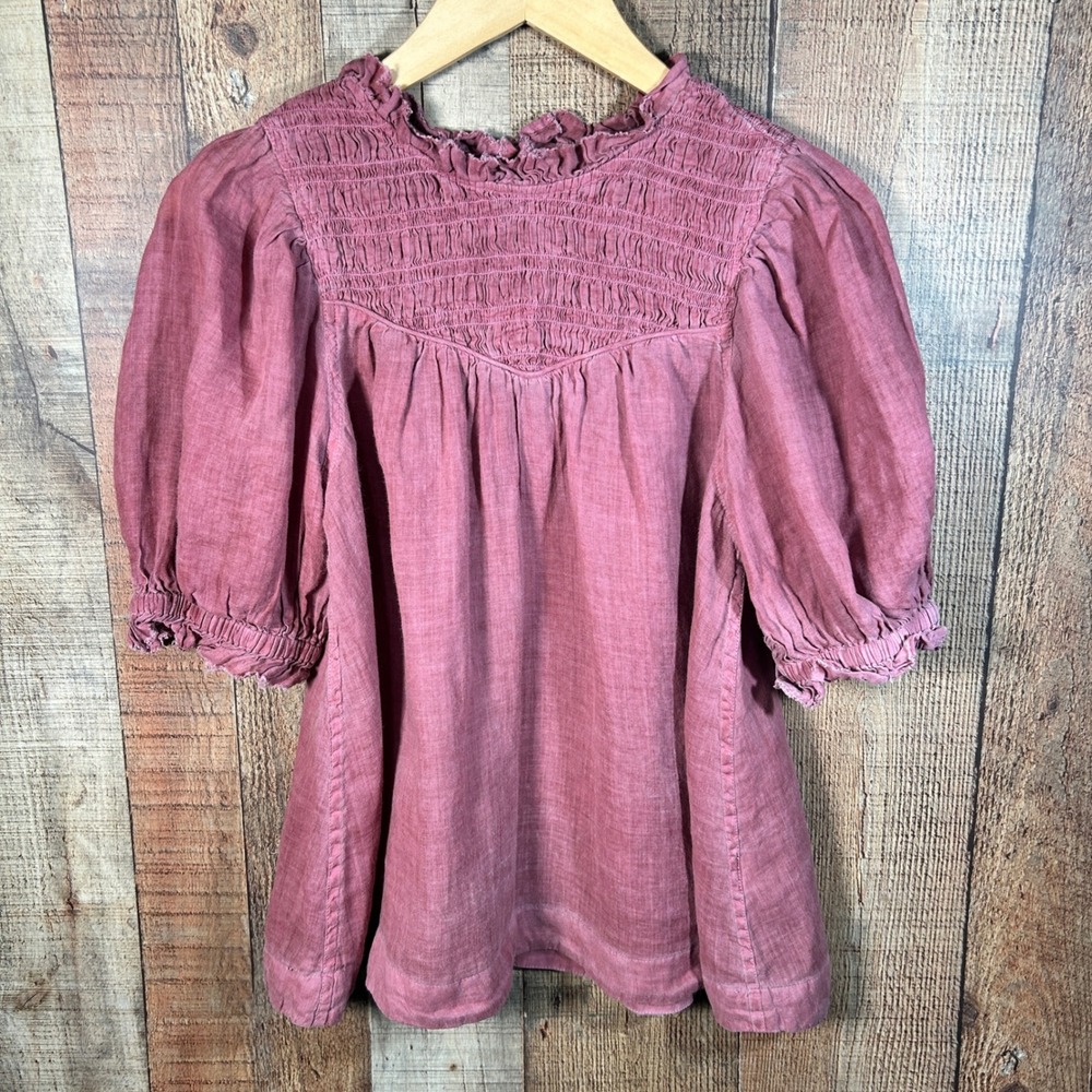 Sea New York Ramie Blouse 4 Pink Smocked Puff Sleeve Ruffle Romantic Top